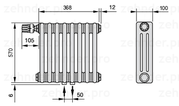 Схема (чертеж) Радиатор Zehnder Charleston 3057/8 №V007 Белый глянцевый RAL 9016